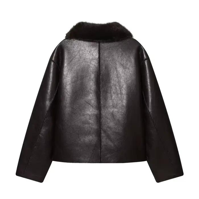 Veste femme 2025 automne/hiver nouveautés marron foncé à manches longues en simili cuir veste révers