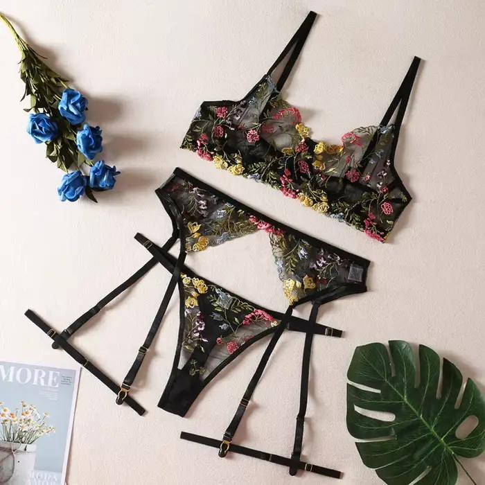 HIMEALAVO Lingerie sensuelle sous-vêtements en dentelle broderie transparente jarretelles 3 pièces f