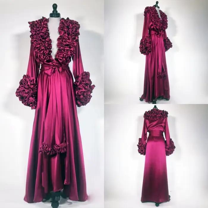 Robe de nuit Sexy en soie, tenue de soirée à volants, manches longues, couleur bordeaux, 2021