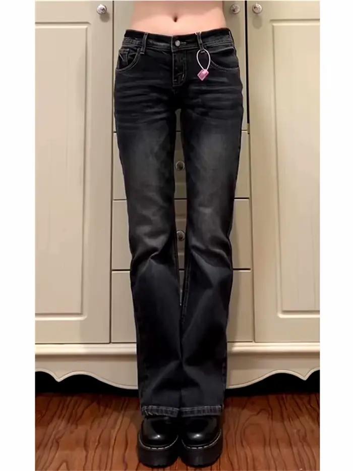 Jean évasé taille basse pour femme, jean bootcut noir, pantalon en Denim rétro américain Y2k japonai
