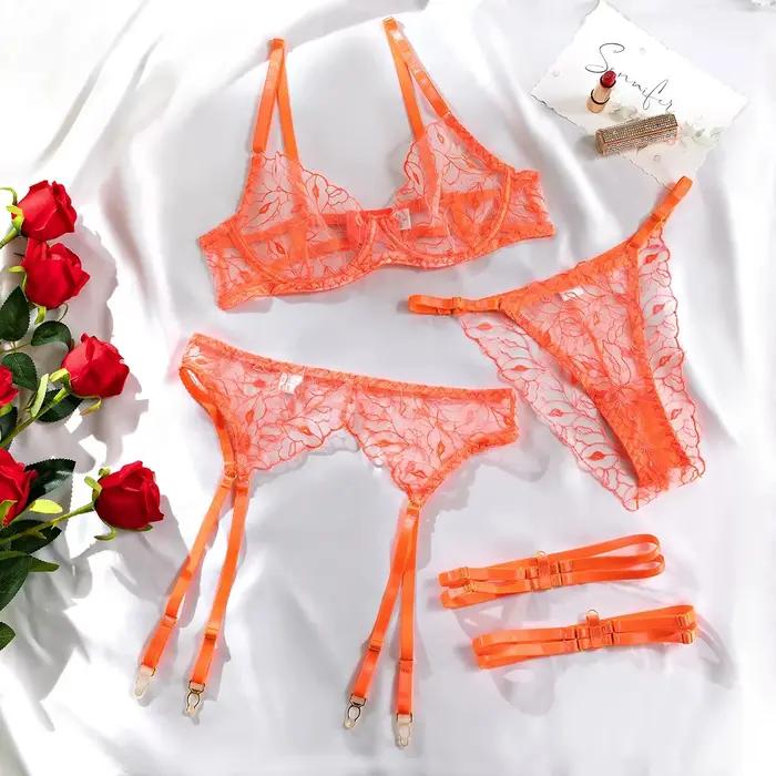 Ellolace fantaisie érotique Lingerie néon Orange dentelle bien beau sous-vêtements désir fille chaud