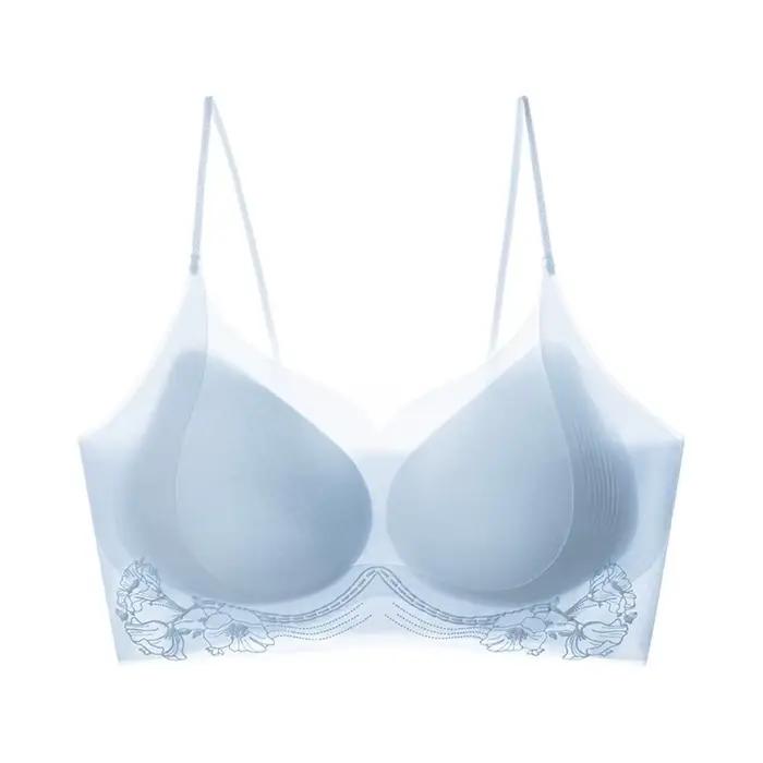 Soutien-gorge sans fil en soie glacée à motif camélia, coupe ajustée, décolleté en V profond, fin, s