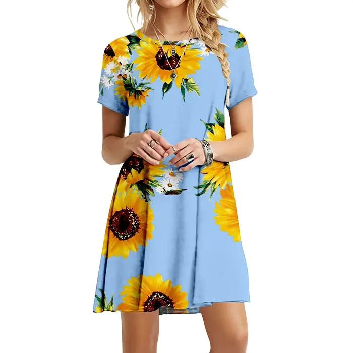 Robe à imprimé tournesol Boho pour femmes, robes à col rond pour dames, manches courtes, décontracté