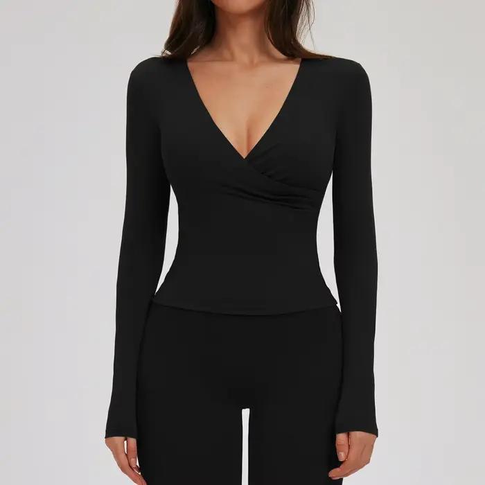 T-Shirt de Sport à manches longues pour femmes, col en v profond, Yoga, Sexy, rembourré sur la poitr