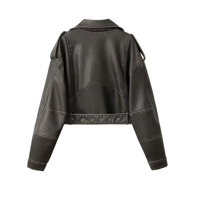 2025New Coal gray le Veste en cuir lavé pour femme avec ceinture, manteau court avec fermeture éclai