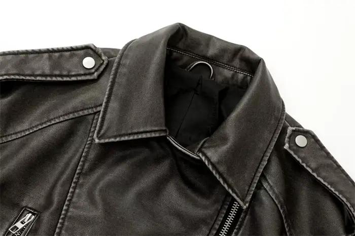 2025New Coal gray le Veste en cuir lavé pour femme avec ceinture, manteau court avec fermeture éclai