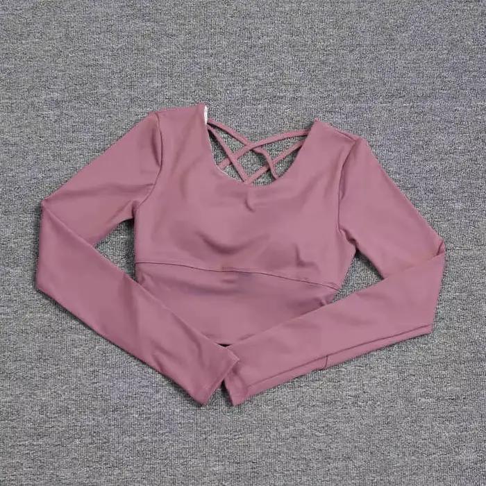 Dos creux pour femme avec soutien-gorge intégré, haut de yoga à manches longues, soutien-gorge une p