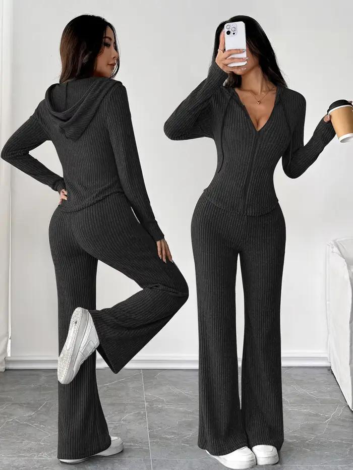 Ensemble haut à capuche et pantalon évasé ample pour femmes, couleur unie, à la mode, décontracté, à