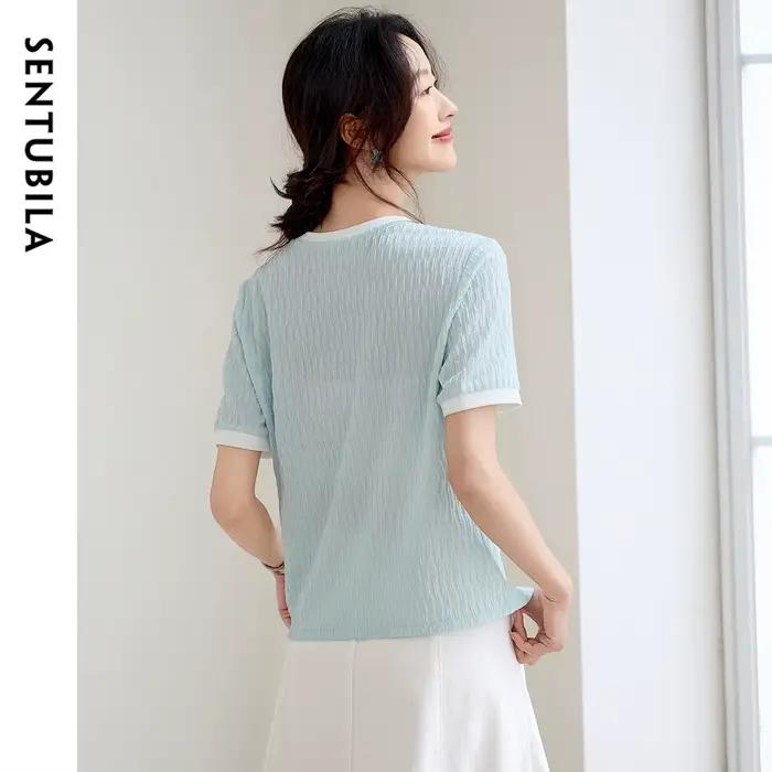 T-shirt à manches courtes plissé pour femme SENTUBILA, nouvelle collection 2026, style décontracté, 