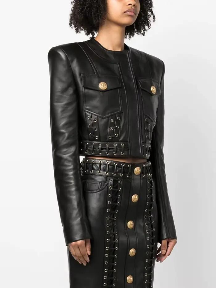 HIGH STREET Nouvelle Collection 2026 Blazer de Créateur pour Femme en Similicuir à Col Rond et Détai