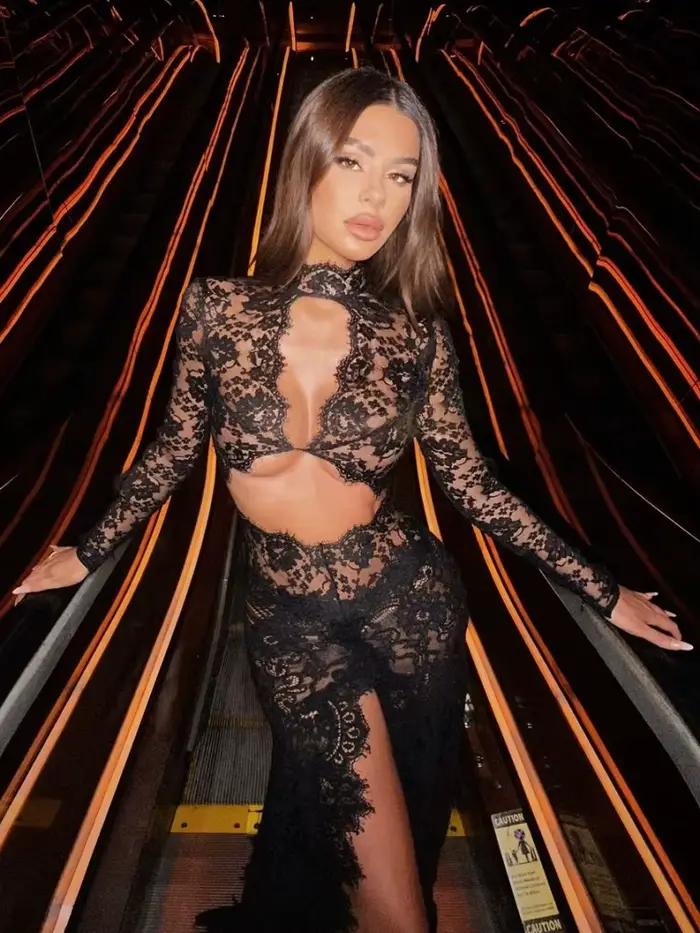 Robe longue en dentelle ajourée pour femmes, Sexy, manches longues, Design, noire, col rond, fendue,