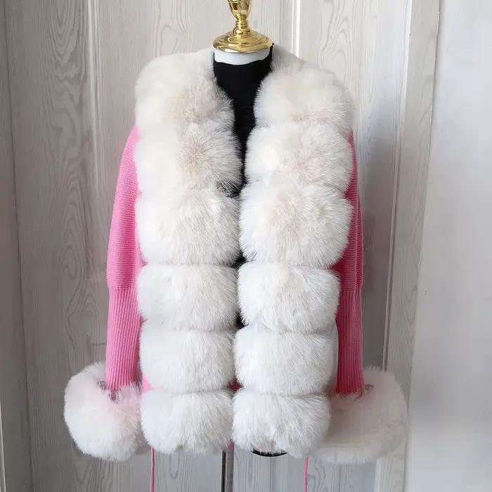 Cardigan court en tricot pour femme, collection printemps-automne, en fausse fourrure, avec col en f