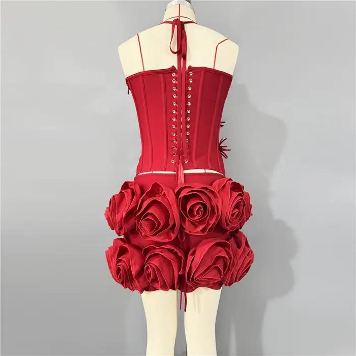 2025 nouveauté mode fleurs femmes Sexy haut à licou Mini jupe ensembles de bandes moulante deux pièc