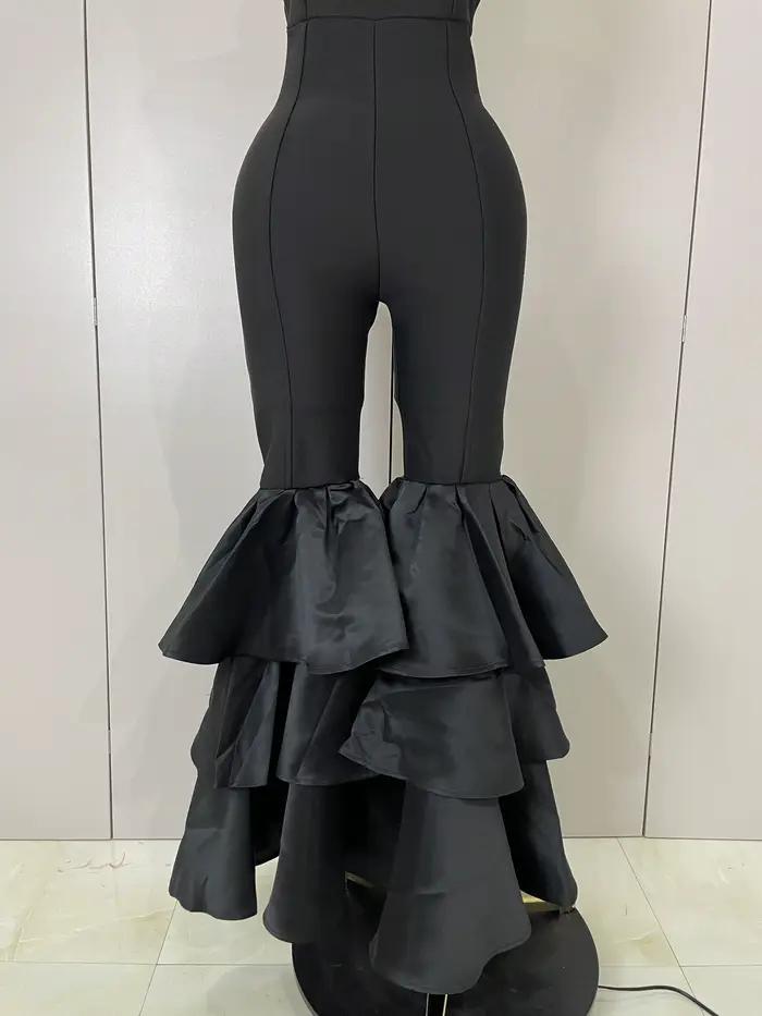 Luxe anniversaire Sexy bretelles noir volants moulante Flare Bandage combinaison 2025 femmes célébri