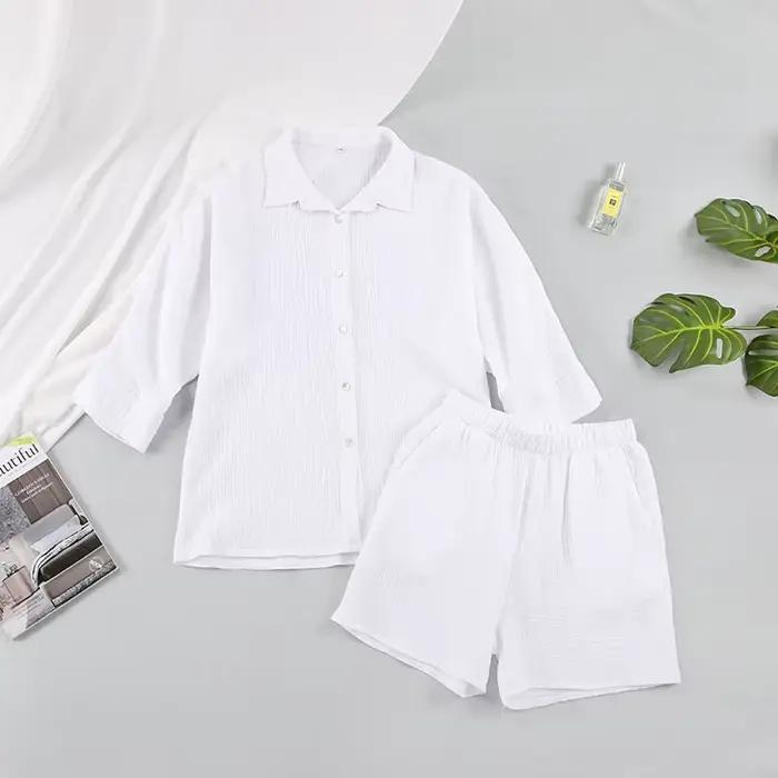 Pyjama en coton pour femmes, ensemble de vêtements de nuit décontractés, col rabattu, manches neuf q