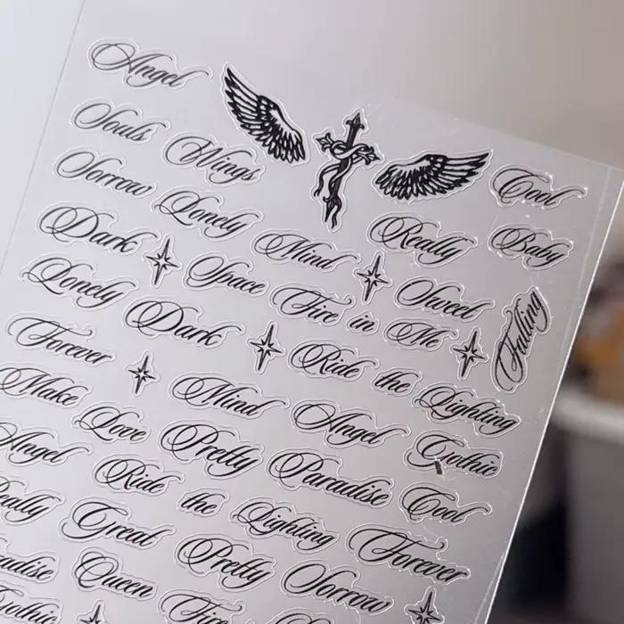 Autocollants pour ongles avec lettres noires et blanches, motifs d'ailes d'ange, designs mixtes, aut