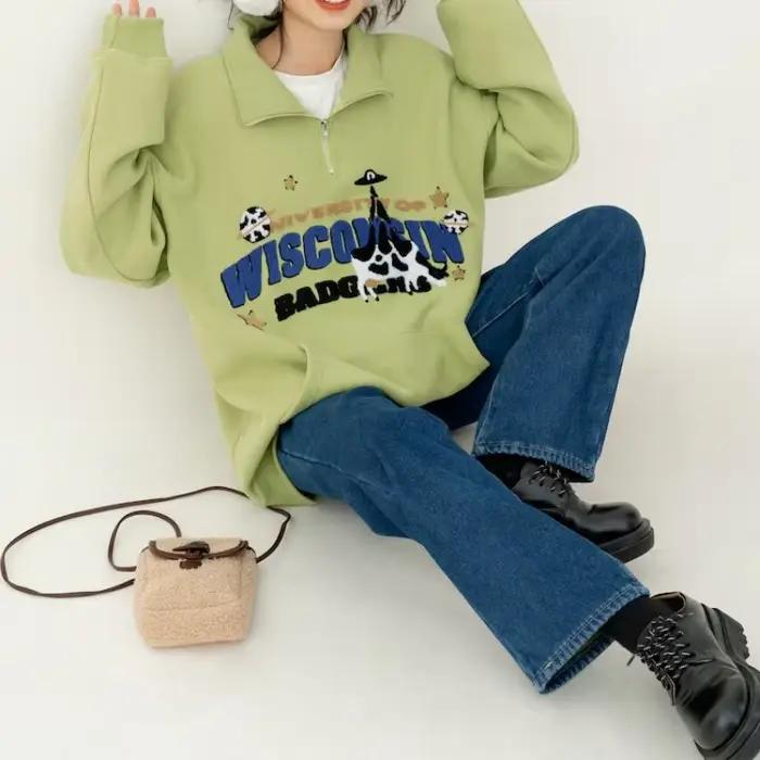 Avocat vert mignon vache broderie POLO sweat demi fermeture éclair ample décontracté étudiants fille