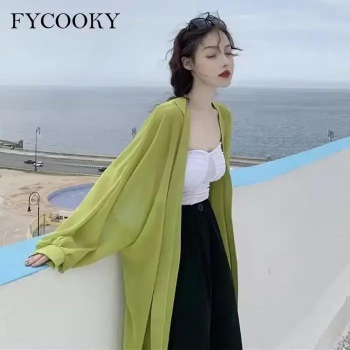 Cardigan à manches lanterne pour femme, vêtements de protection UV, veste chic coréenne, basique en 