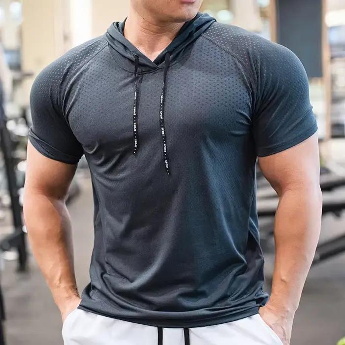 Sweat à capuche pour hommes, course à pied, musculation, Sport, manches courtes, vêtements de Fitnes