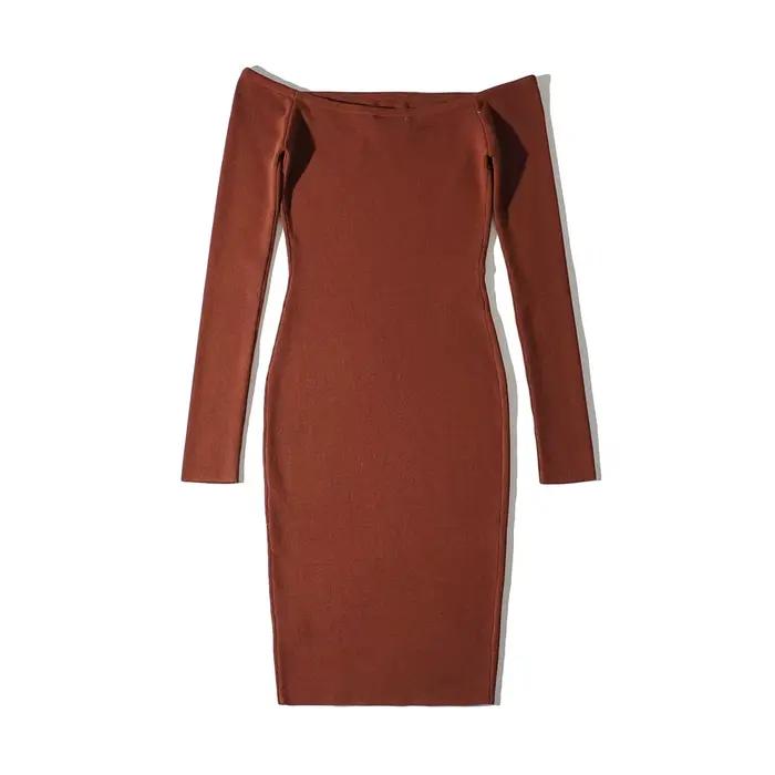 Robe de soirée courte moulante à manches longues pour femmes, robes tricotées évidées, épaule dénudé