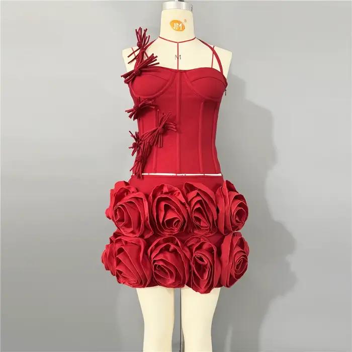 2025 nouveauté mode fleurs femmes Sexy haut à licou Mini jupe ensembles de bandes moulante deux pièc
