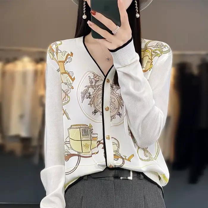 Cardigan imprimé à col en v pour femmes, 100% laine, couture de soie, pull, nouveau, décontracté, tr