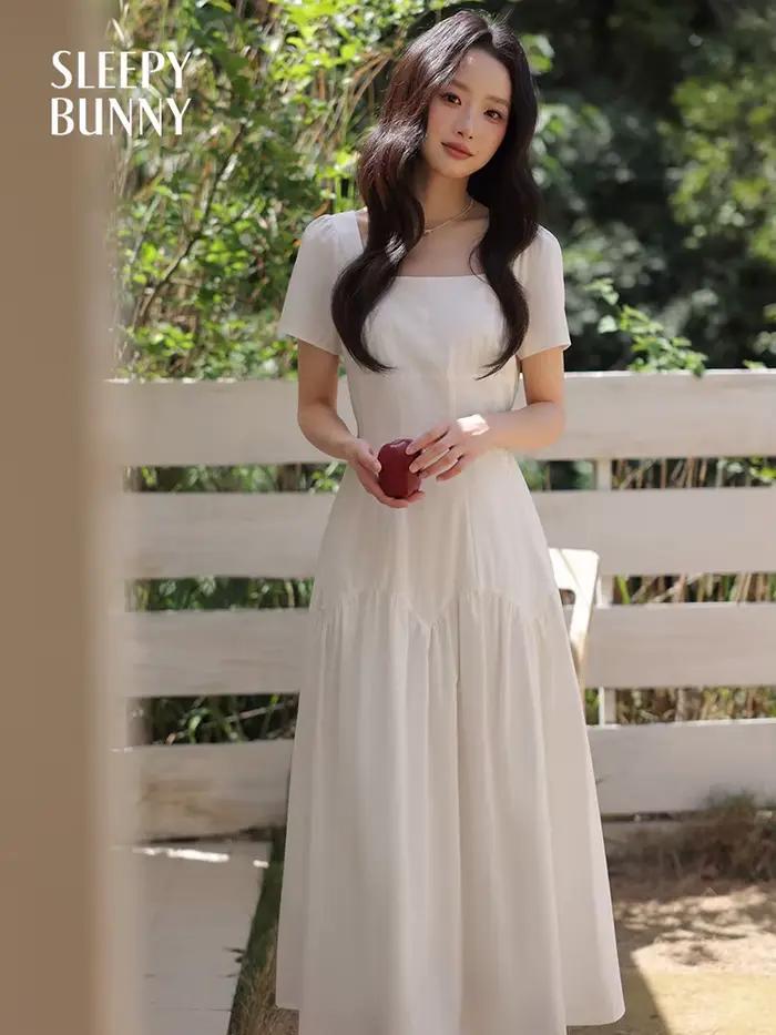 Robe longue française à manches courtes et col carré pour femmes, coupe cintrée, ligne a, Petite tai