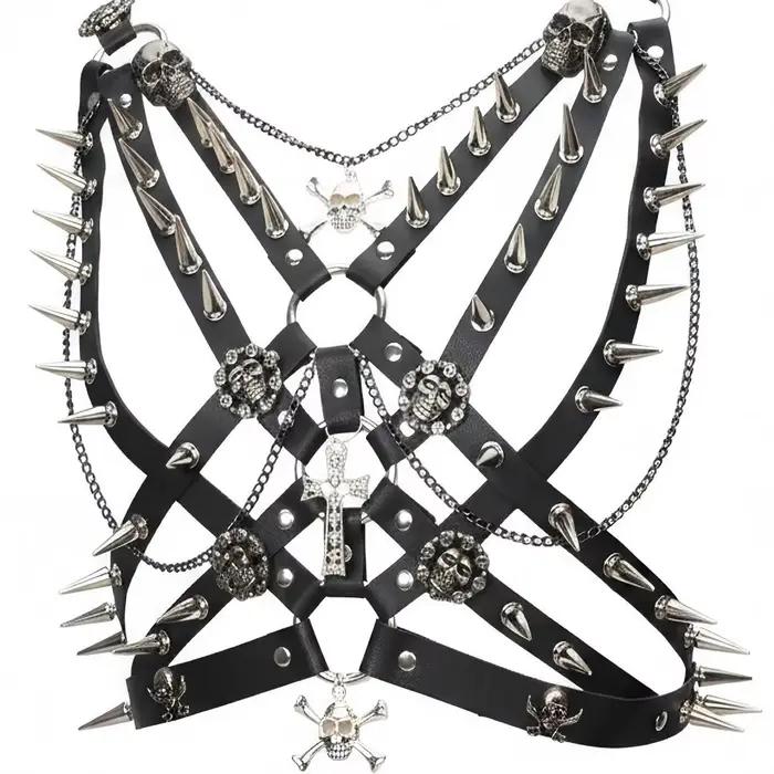 Haut Gothique Punk Rock pour Femme avec Crânes et Clous, Chaîne Croisée, Style Y2K, Halter, Vêtement