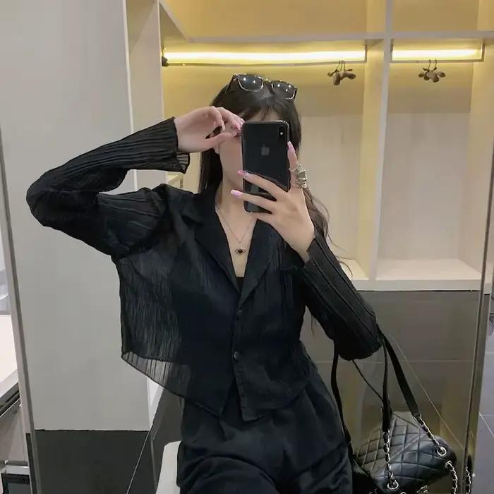 Gidyq-Chemises de protection solaire noires pour femmes, Streetwear d'été, lèvent, Manches longues, 
