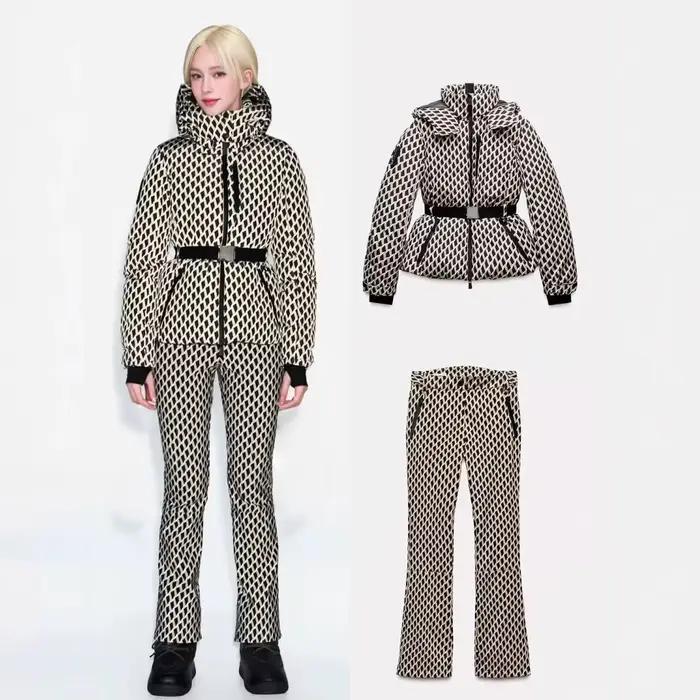 Ensemble de ski deux pièces pour femme, Parka de Sport rembourrée, taille haute, avec ceinture, poch