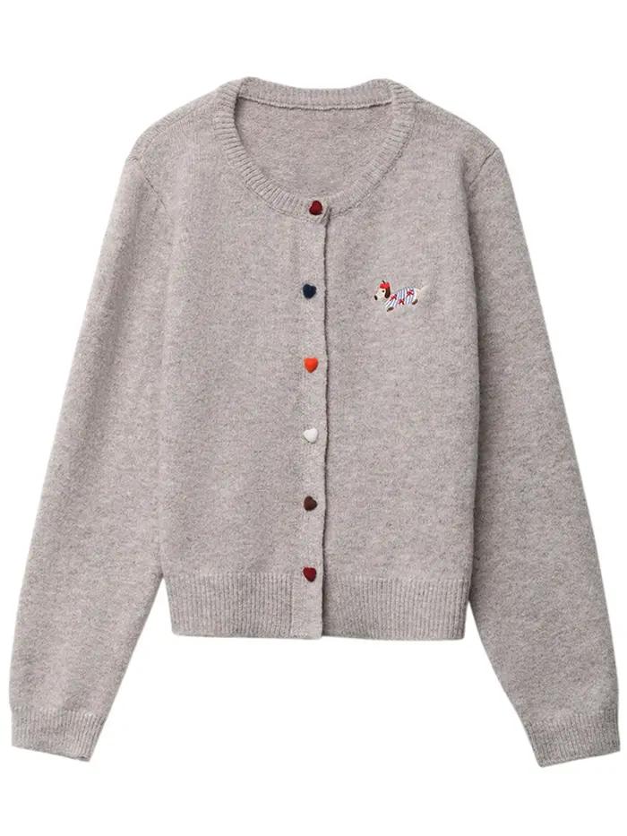 CHIC VEN femmes Cardigan ample décontracté nouveau col rond amour bouton chien broderie tricoté chan