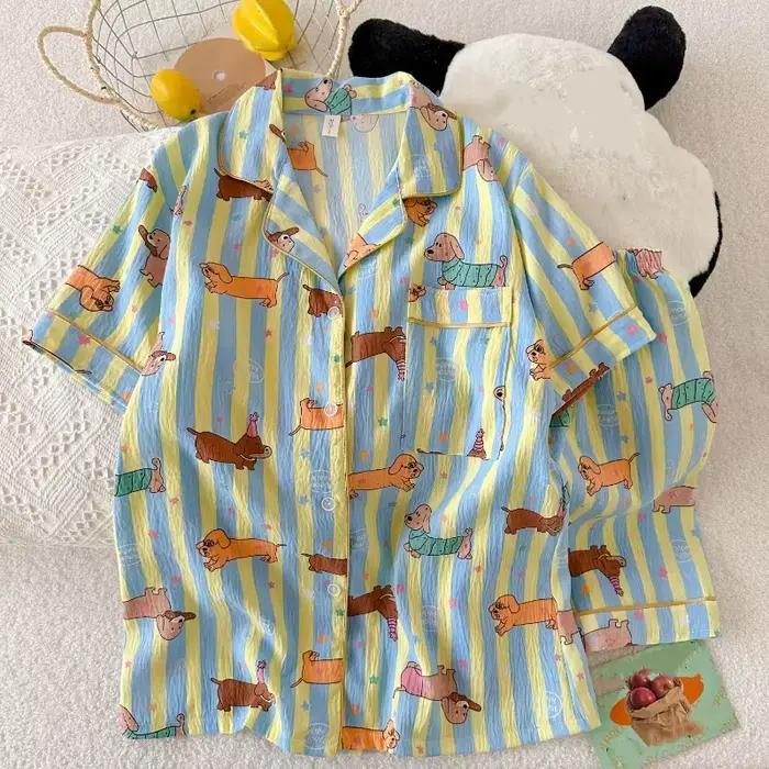 Pyjama Kawaii à rayures étoiles pour femmes, imprimé chien, mode Y2K, col à revers, nouvelle collect