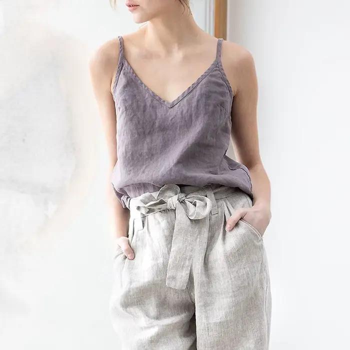 Haut en lin de coton vintage pour femmes, haut féminin, haut féminin cuasal pour filles, caraco fémi