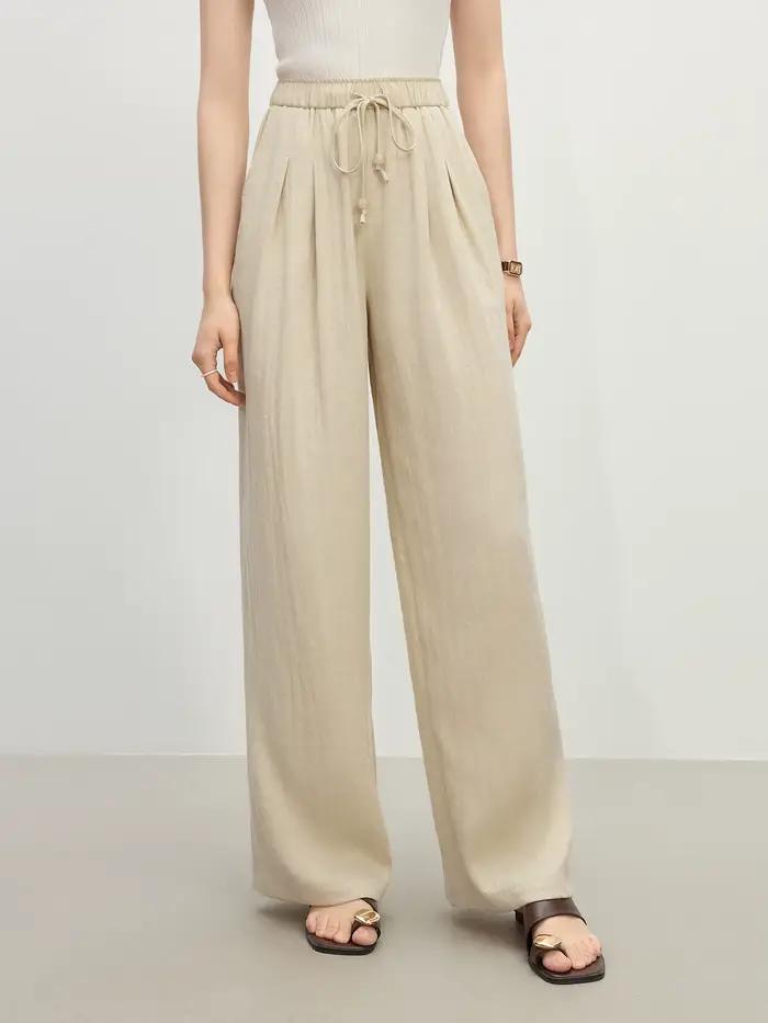 FSLE minimalisme Style lin droit élastique taille haute pantalons décontractés pour les femmes été 2