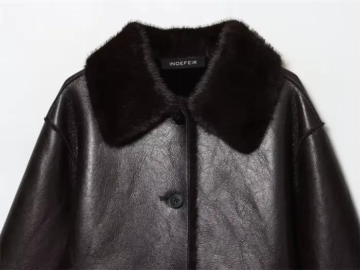 Veste femme 2025 automne/hiver nouveautés marron foncé à manches longues en simili cuir veste révers