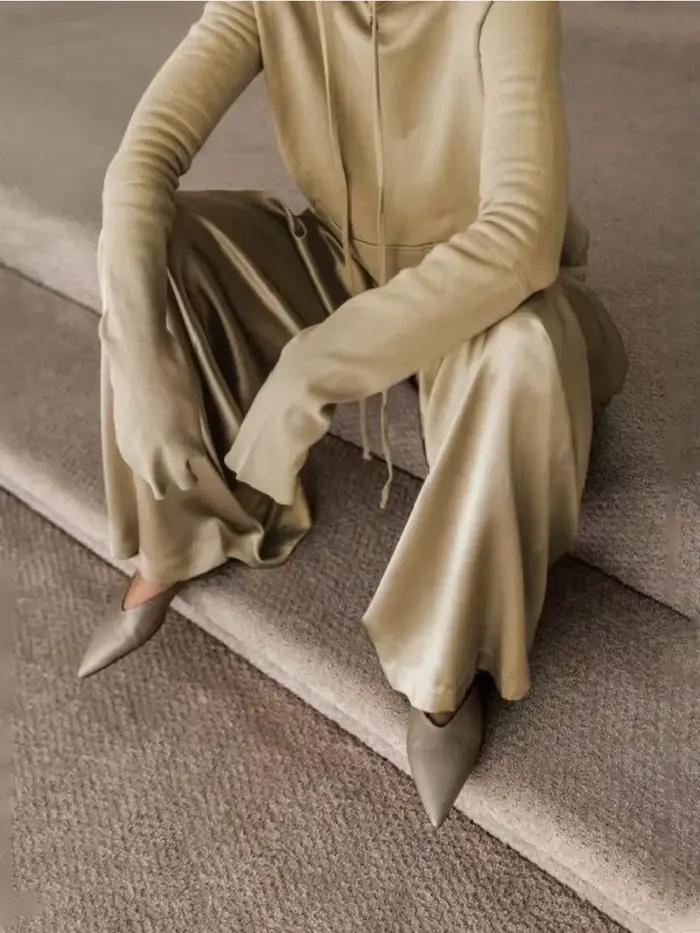 Freeacy 2025 mode décontracté deux pièces costume pour femmes cordon sweat à capuche et taille haute