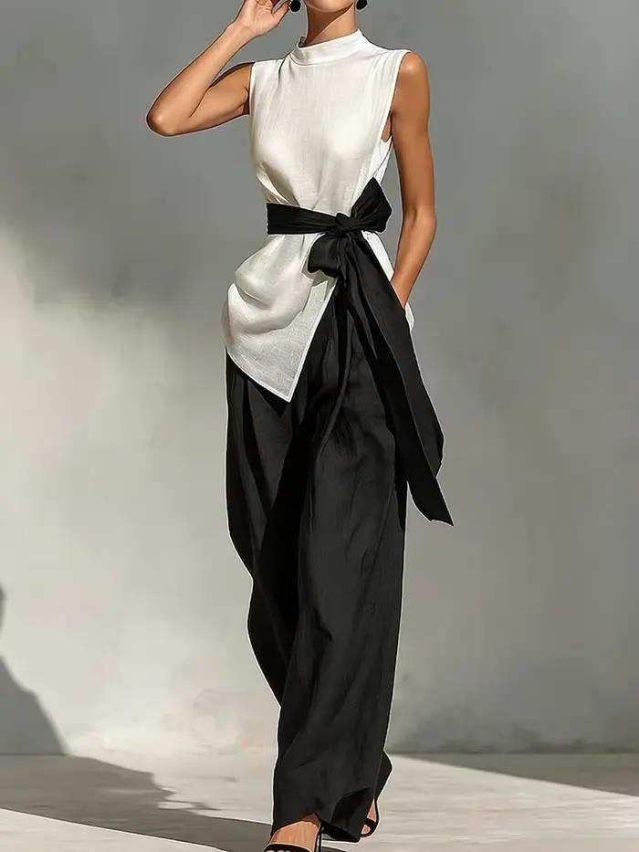 Nouvel ensemble deux pièces assorti pour femme, pull-over à col rond avec patchwork et laçage, tenue
