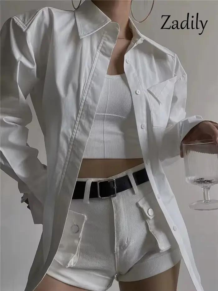 Zadily 2025 automne nouveau en Streetwear à manches longues chemise blanche femmes minimaliste poche
