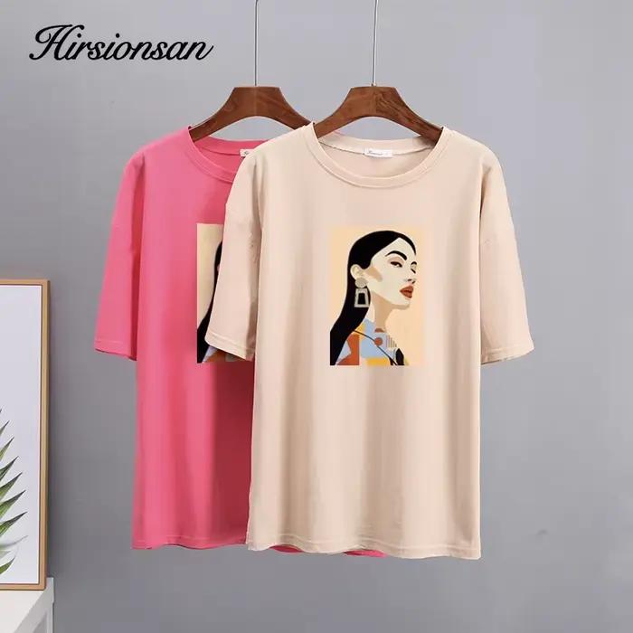 Hirsionsan – t-shirt en coton imprimé pour femme, haut Chic, ample, décontracté, esthétique, surdime