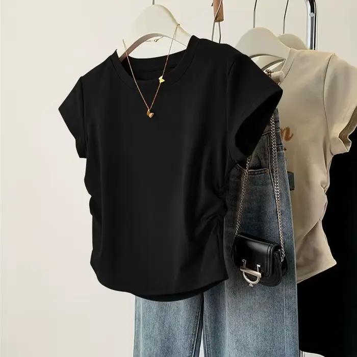 Haut d'été à manches courtes pour femmes, chemise de Base polyvalente, coupe cintrée, col rond, déco