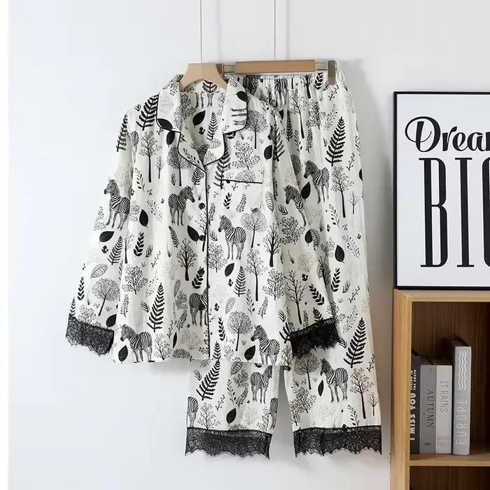 Pyjama en coton à manches longues pour femmes, vêtements de nuit élégants, style fin, haute qualité,
