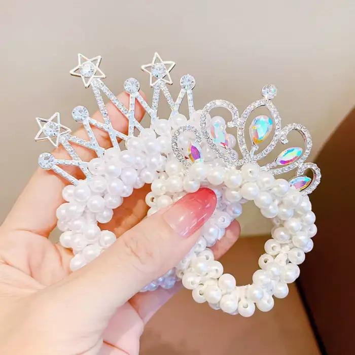 2PC Accessoires de coiffure pour enfants : Bandeaux élastiques en caoutchouc avec couronne de perles