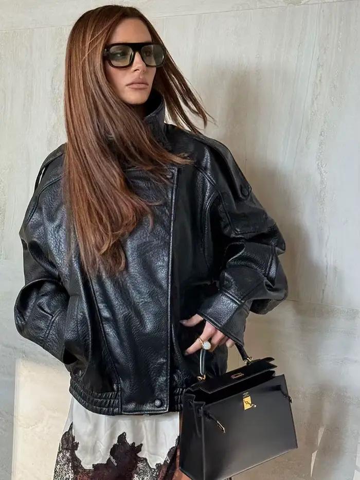 HH automne veste en simili cuir pour femmes décontracté solide fermeture éclair manches longues en c