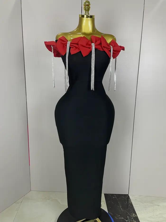 2025 femmes célébrité sexy épaule dénudée fleur diamants noir noeud papillon maxi longue XL robe de 