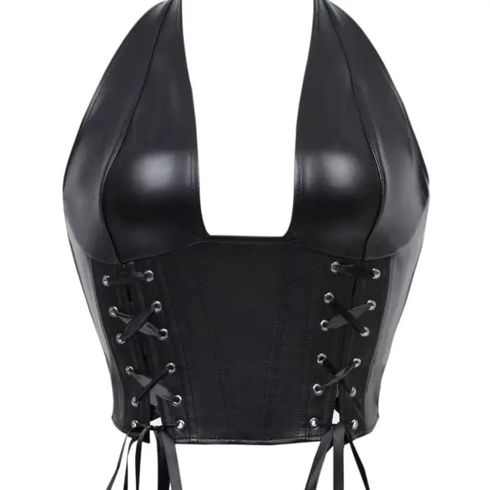Corset en similicuir style col punk pour femme avec plusieurs bretelles et ceinture élastique à bale