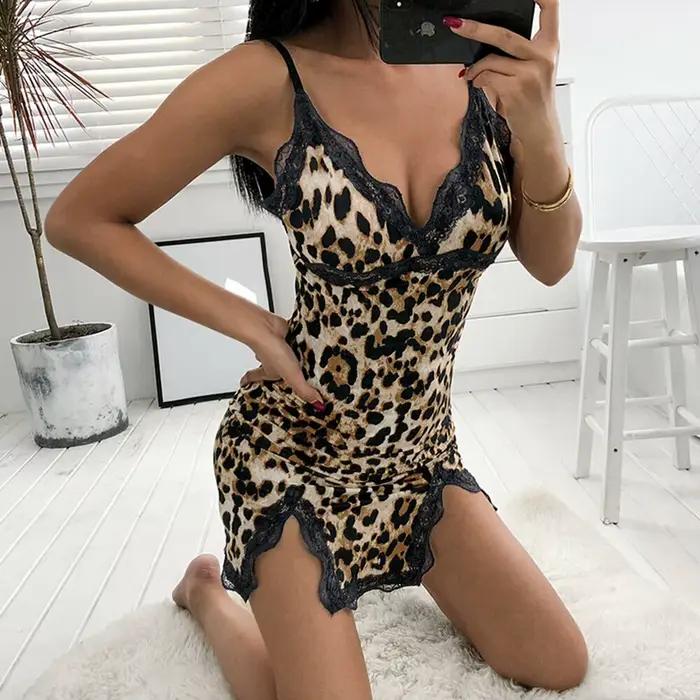 Sexy femmes chaudes léopard imprimé dentelle robe de nuit Lingerie col en V robe de nuit vêtements d