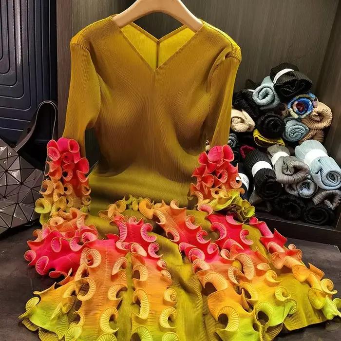 ANLAN mode col en v robe pliée pour les femmes 2025 nouveau Design de haute qualité coloré lisière f