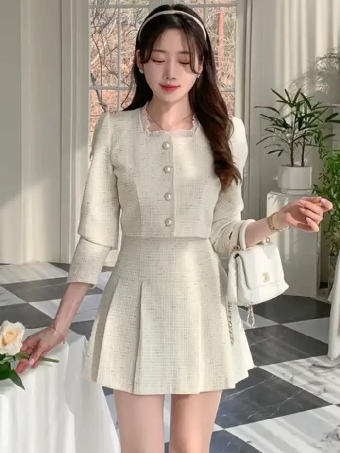 Ensemble deux pièces parfumé pour femme, veste courte, manteau et jupe, châssis, petite tenue, haute