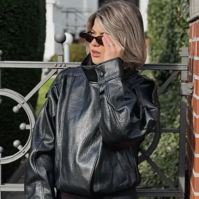 HXAO Veste bombardier asymétrique en simili cuir pour femme, courte, noire, surdimensionnée, à la mo