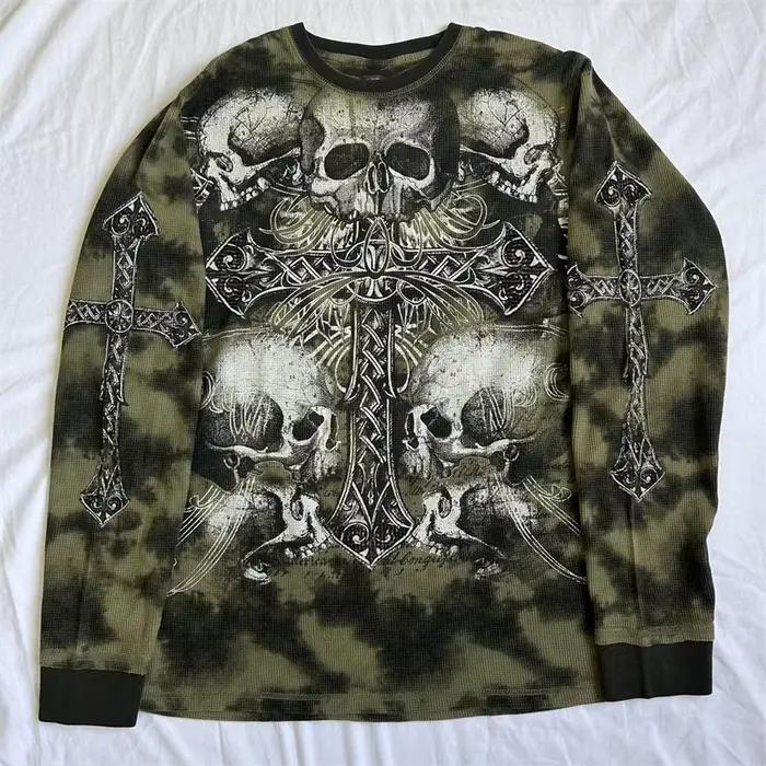 Y2k gothique Grunge croix crâne imprimé T-shirt pour femmes automne à manches longues 90s E fille Vi